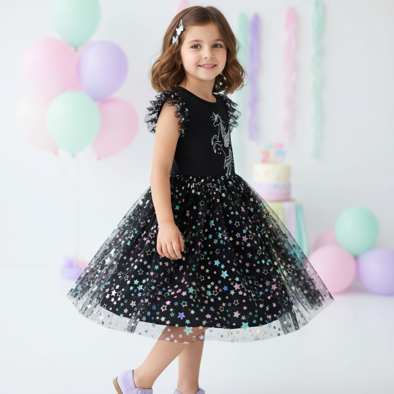 unicorn star sleeveless dress girls - three-quarter