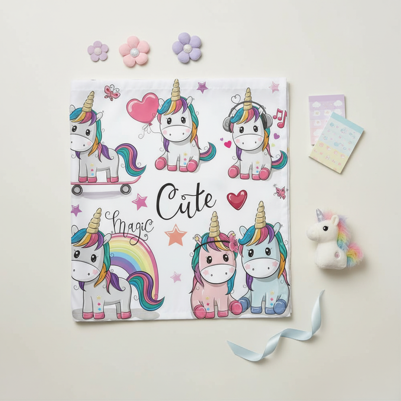 unicorn sticker shower curtain - flat-lay