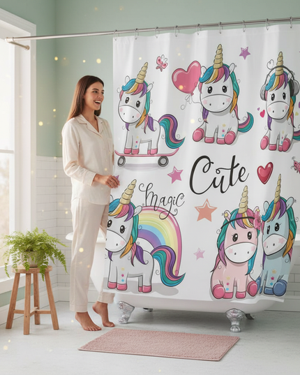 unicorn sticker shower curtain - in-use
