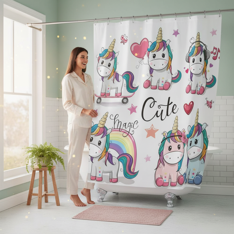 unicorn sticker shower curtain - in-use