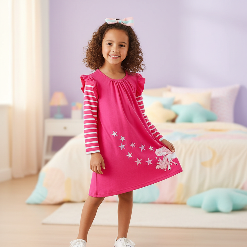 unicorn stripe applique star dress - three-quarter