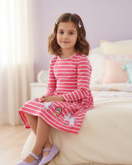 unicorn striped long sleeve dress - sitting
