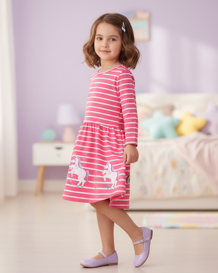 unicorn striped long sleeve dress - three-quarter