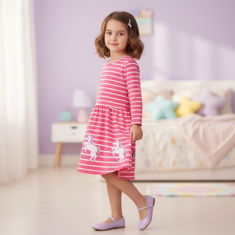 unicorn striped long sleeve dress - three-quarter
