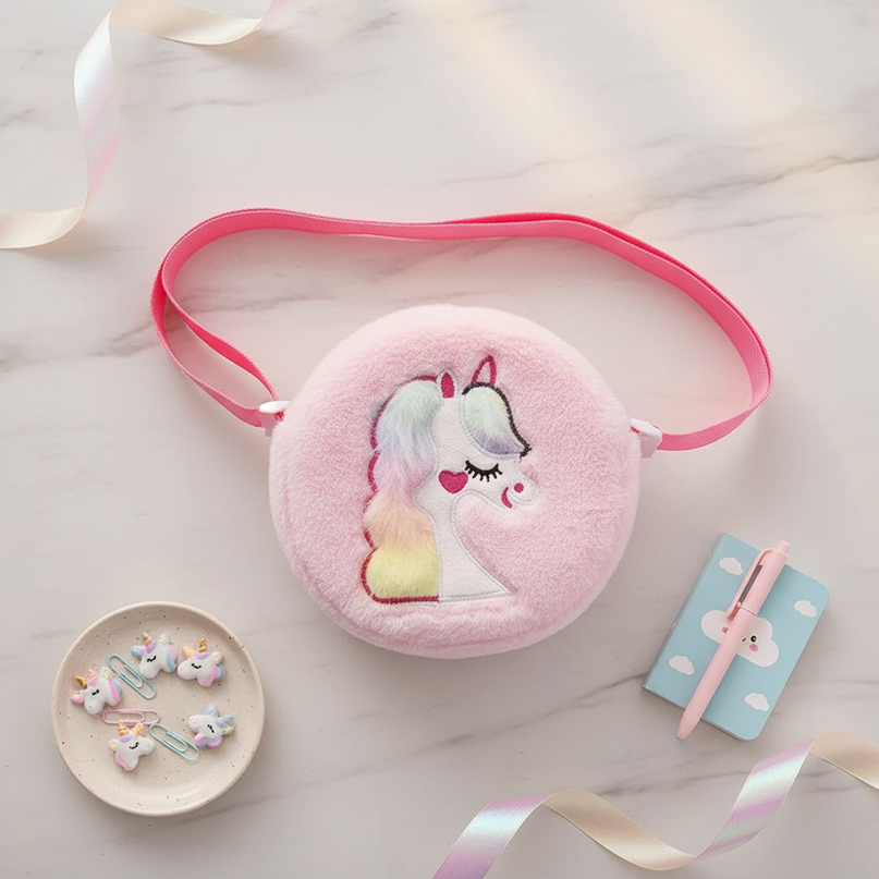 unicorn stuffed animal purse - flat-lay