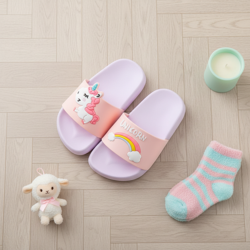 unicorn summer slippers - flat-lay