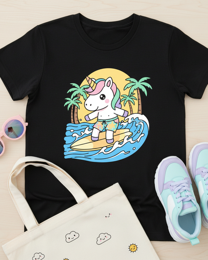 unicorn surfing shirt - flat-lay