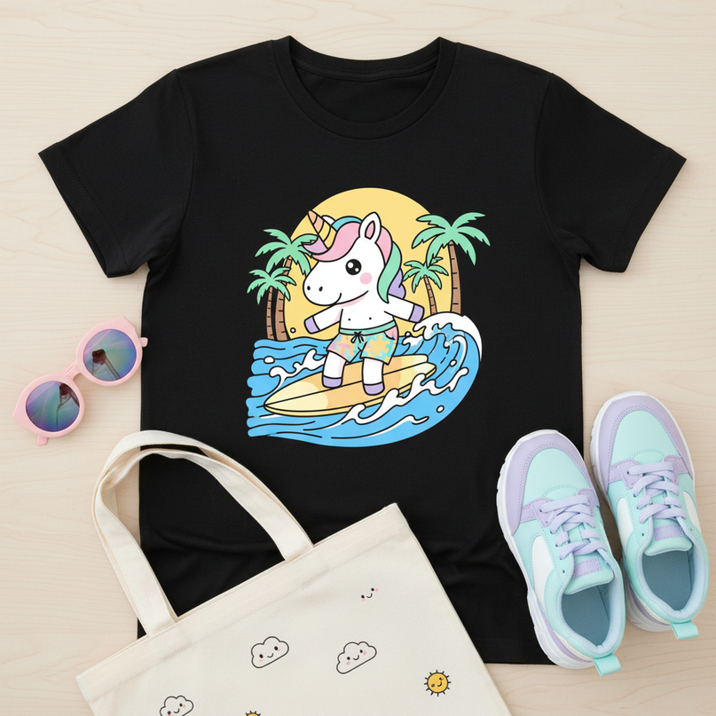 unicorn surfing shirt - flat-lay