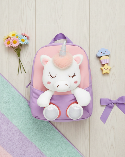 coral unicorn toddler backpack - flat-lay
