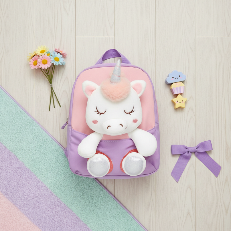 coral unicorn toddler backpack - flat-lay
