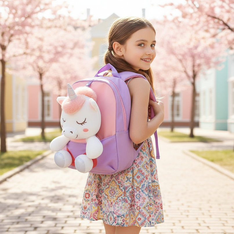 coral unicorn toddler backpack - in-use