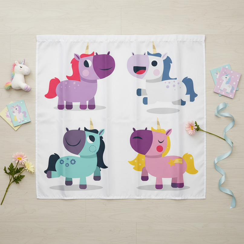 unicorn toddler shower curtain - flat-lay