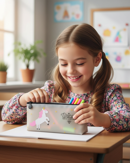 unicorn transparent pencil case - in-use