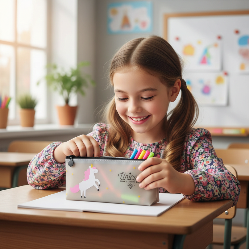 unicorn transparent pencil case - in-use