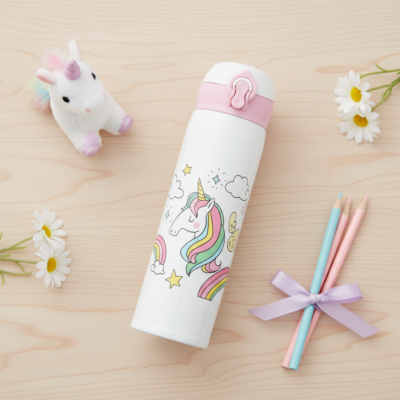 unicorn travel water bottle - flat-lay
