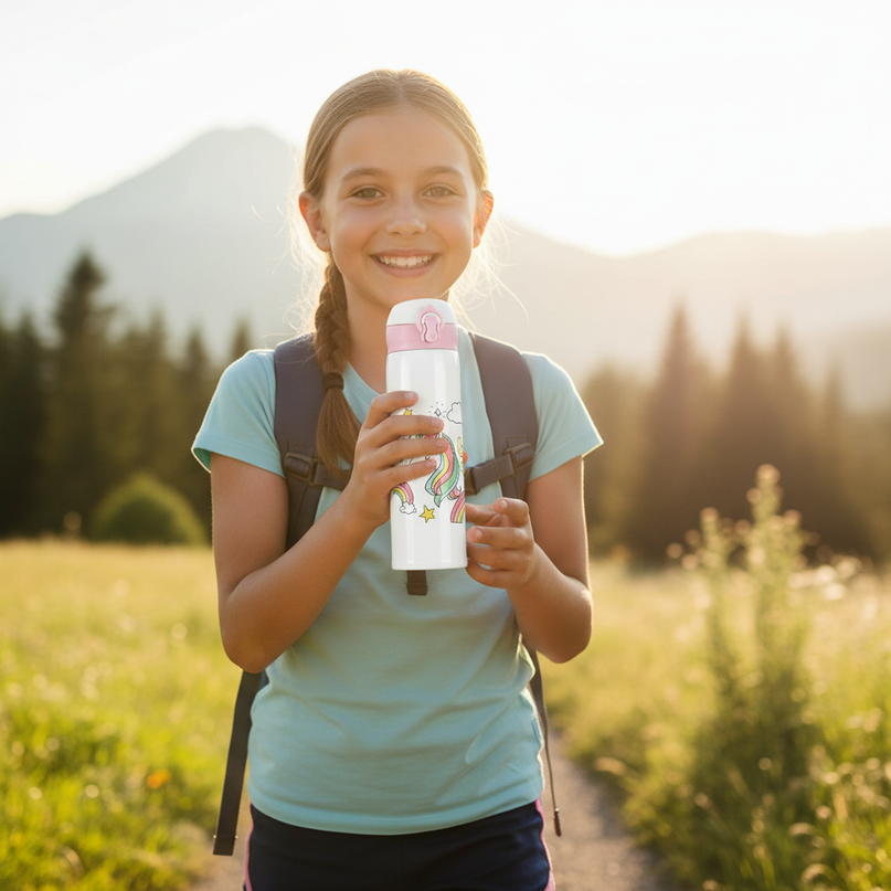 unicorn travel water bottle - in-use