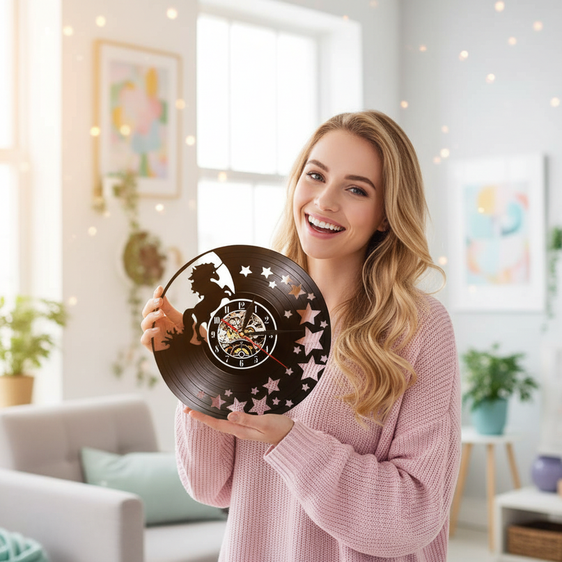 unicorn vinyl clock - in-use