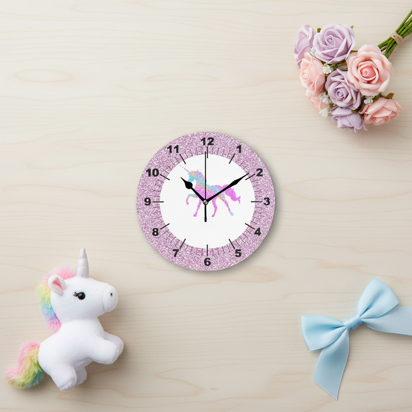 unicorn wall clock for girls bedroom - flat-lay