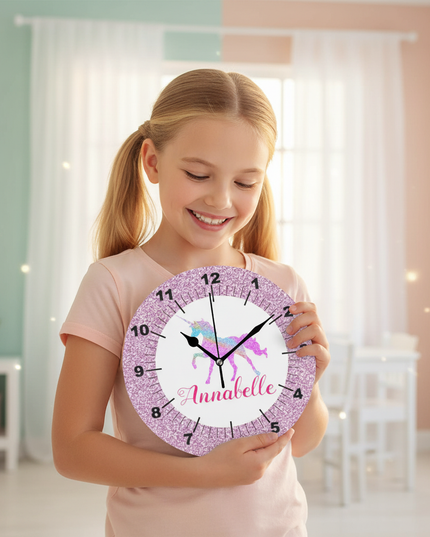 unicorn wall clock for girls bedroom - in-use