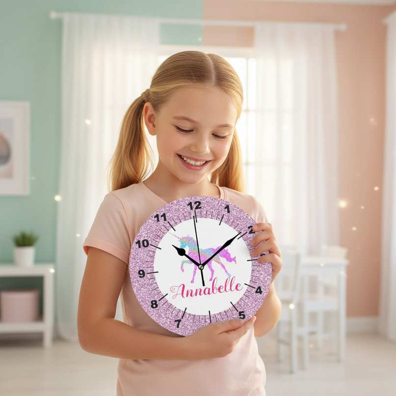 unicorn wall clock for girls bedroom - in-use