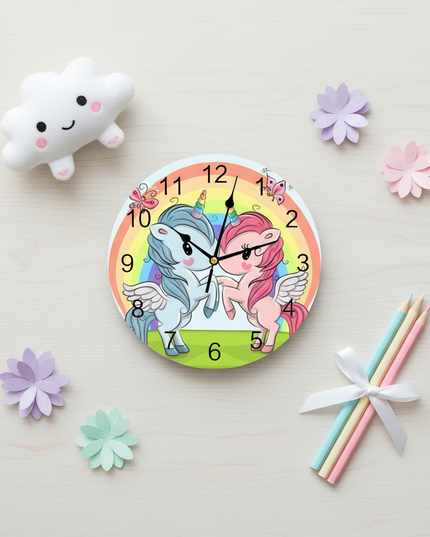 unicorn wall clock for girls room - flat-lay