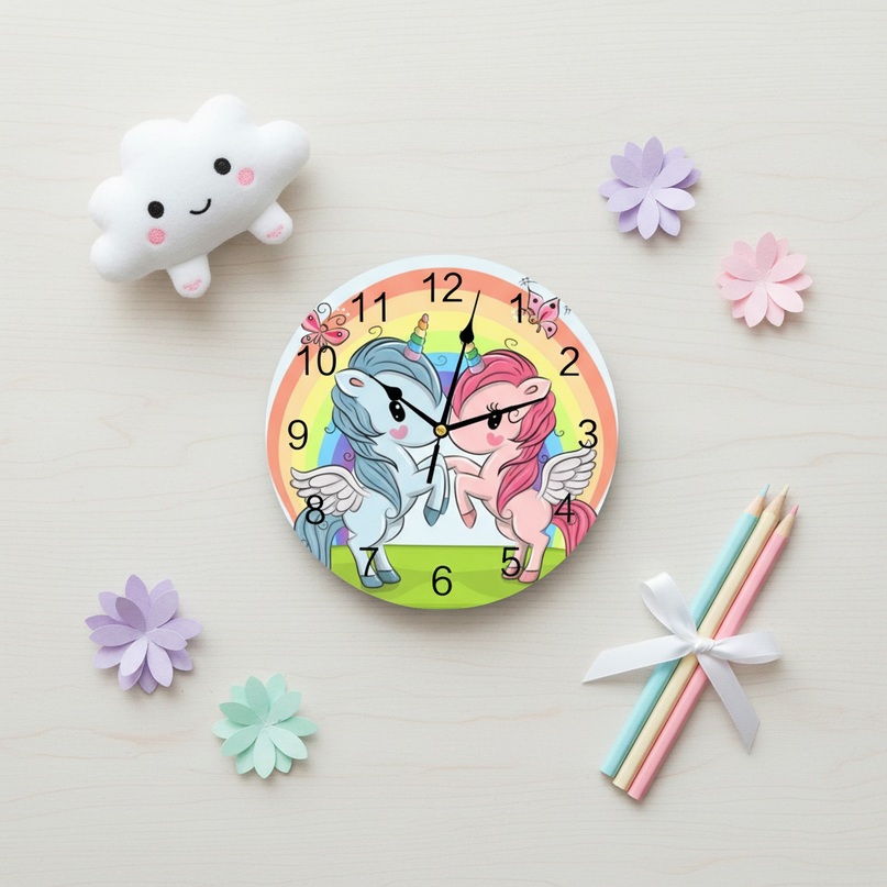 unicorn wall clock for girls room - flat-lay