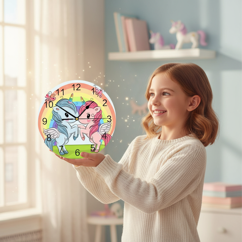 unicorn wall clock for girls room - in-use