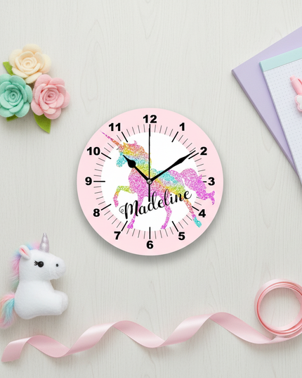 unicorn wall clock for kids room - flat-lay