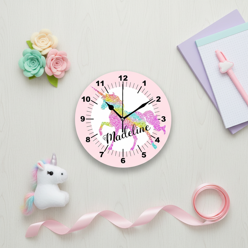unicorn wall clock for kids room - flat-lay