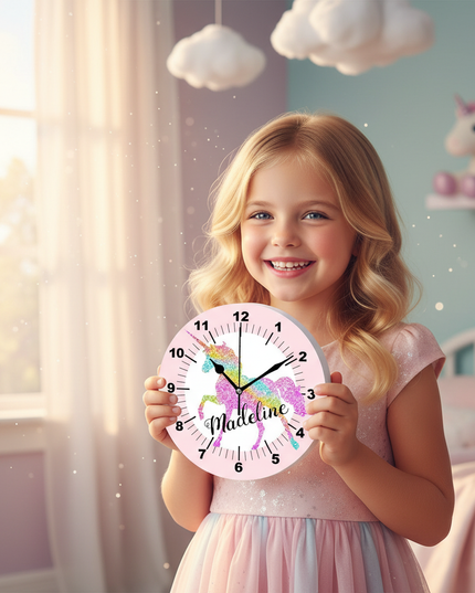 unicorn wall clock for kids room - in-use