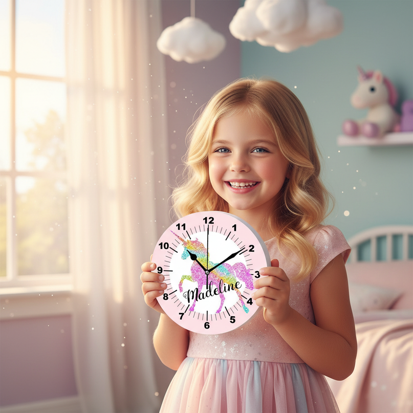 unicorn wall clock for kids room - in-use