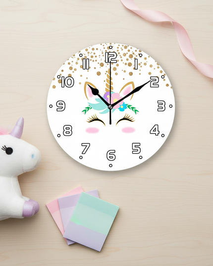 unicorn wall clock gold glitter - flat-lay