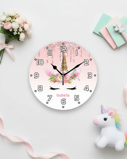 unicorn wall clock pink and gold - flat-lay
