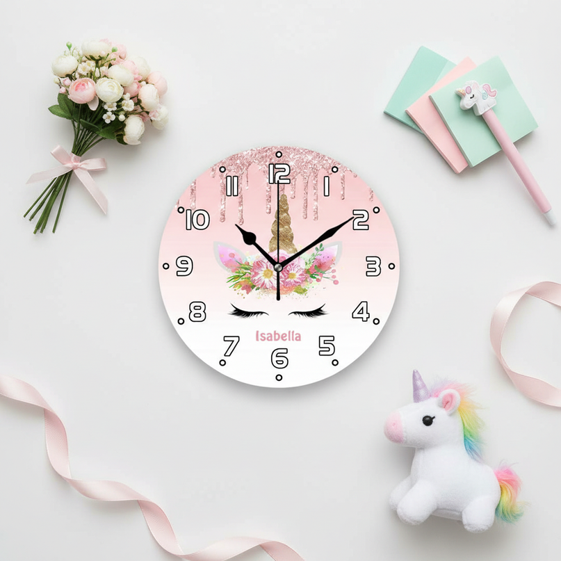 unicorn wall clock pink and gold - flat-lay