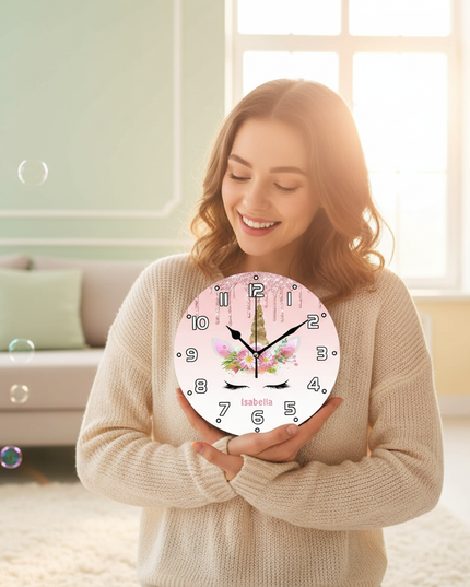 unicorn wall clock pink and gold - in-use
