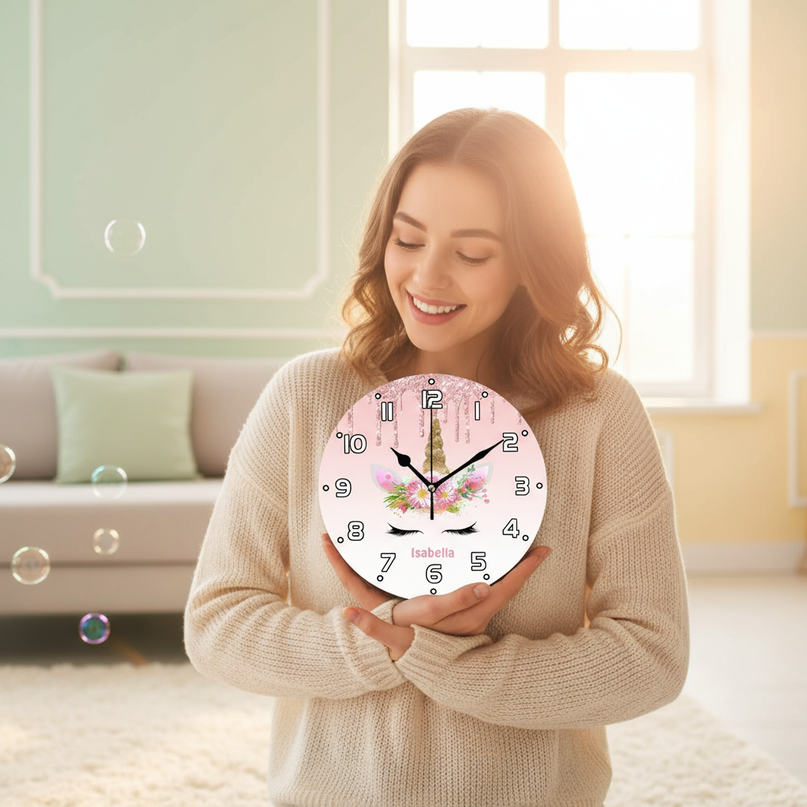 unicorn wall clock pink and gold - in-use