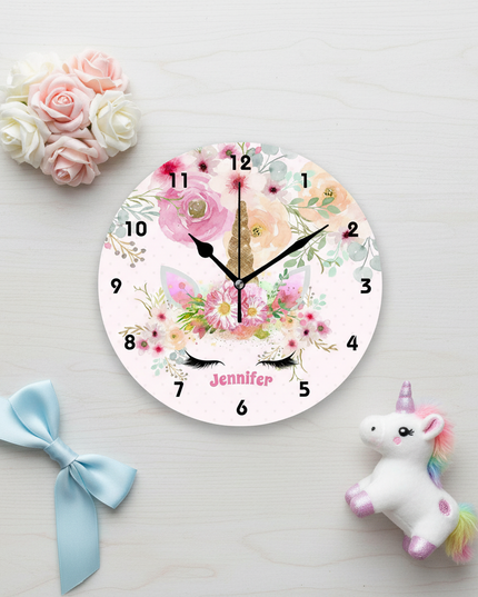 unicorn wall clock with flowers - flat-lay