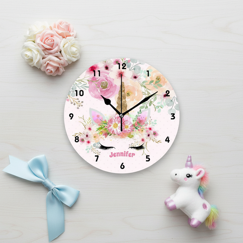 unicorn wall clock with flowers - flat-lay