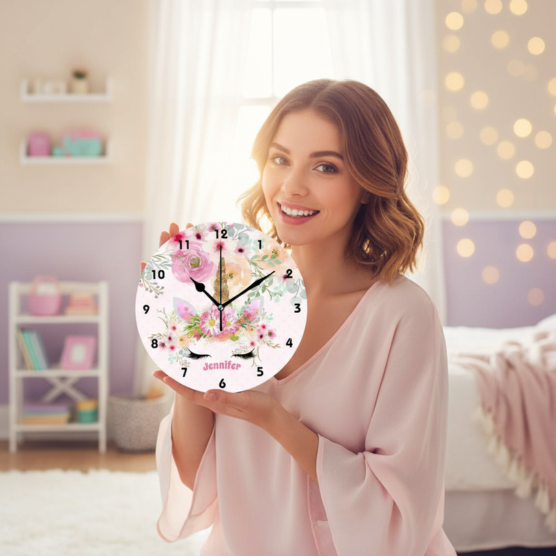 unicorn wall clock with flowers - in-use
