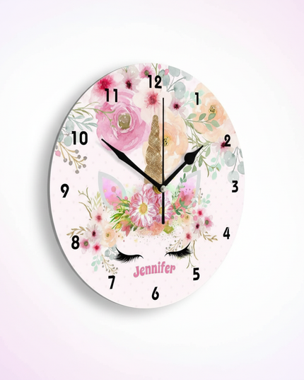 unicorn wall clock with flowers - white-bg