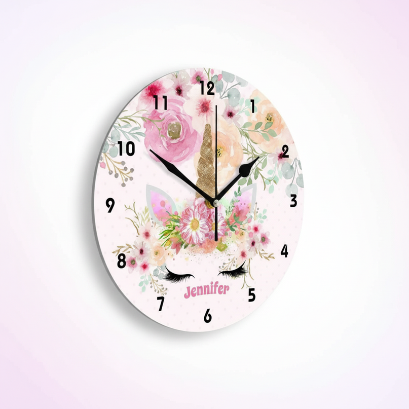 unicorn wall clock with flowers - white-bg