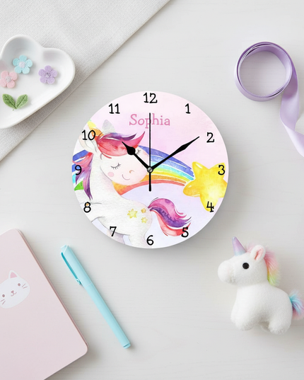 unicorn wall clock with rainbow - flat-lay