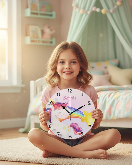 unicorn wall clock with rainbow - in-use