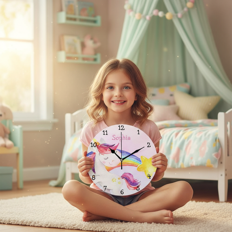 unicorn wall clock with rainbow - in-use