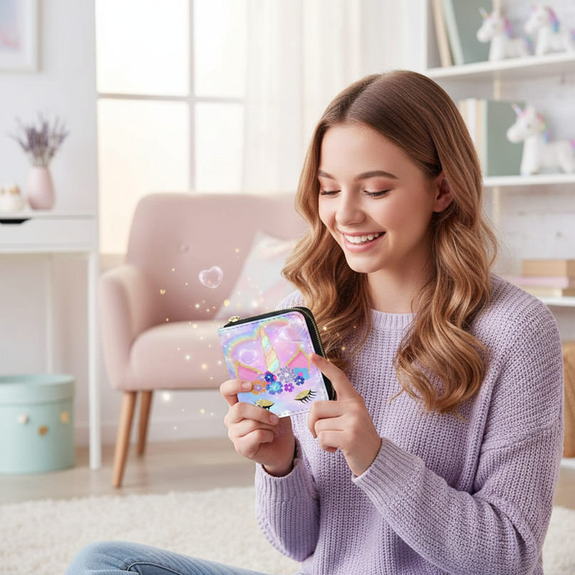 unicorn wallet for girls - in-use