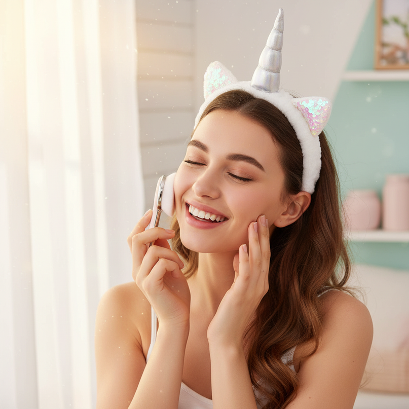 unicorn wash face headband - in-use