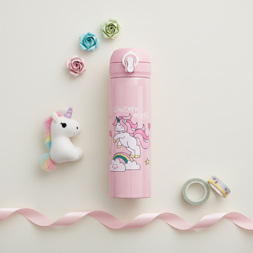 unicorn water bottle gift set - flat-lay