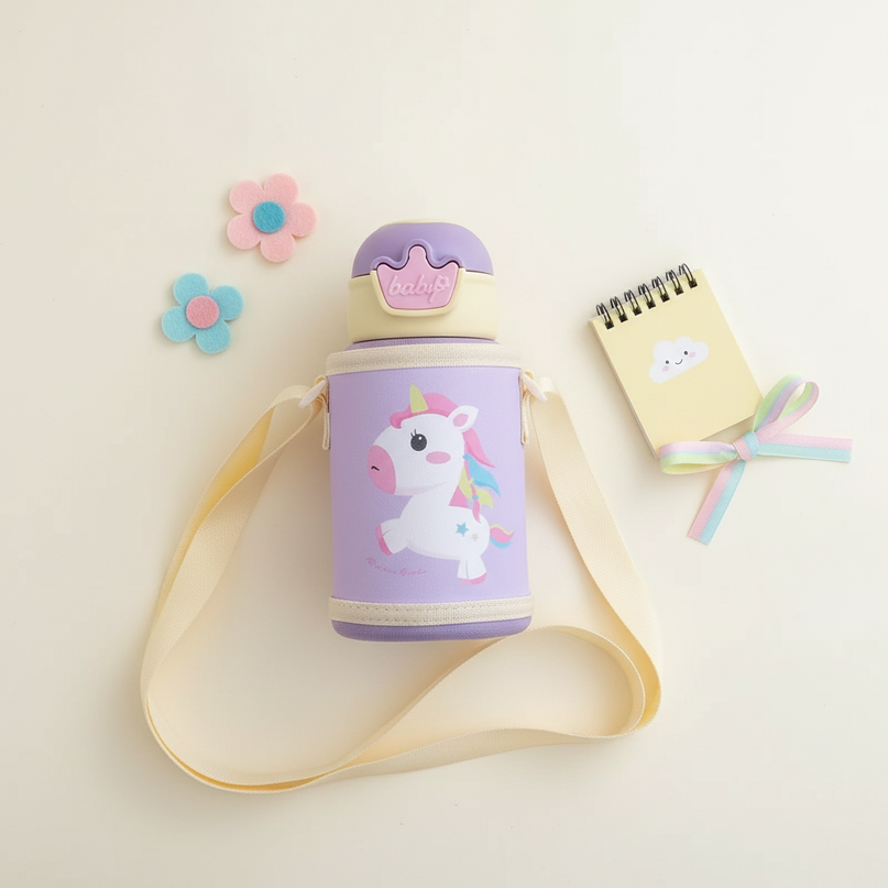 unicorn water bottle kids - flat-lay
