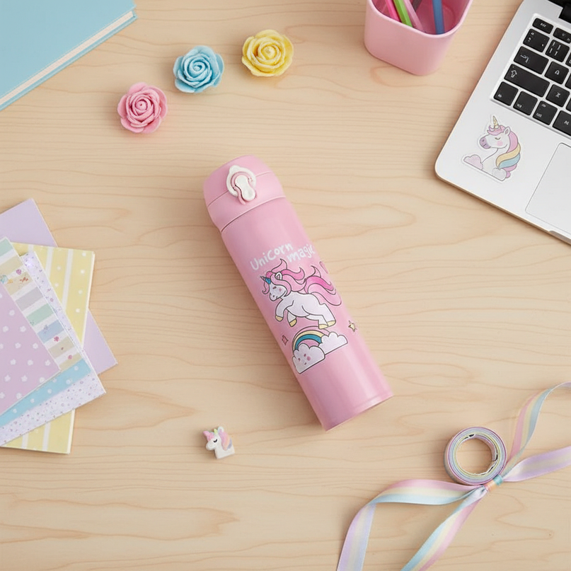 unicorn water bottle school - flat-lay
