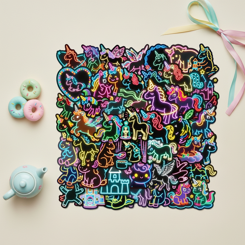 unicorn water bottle stickers - flat-lay